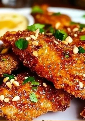 Delicious Thai Sticky Chicken Fingers with a rich glaze on a plate.
