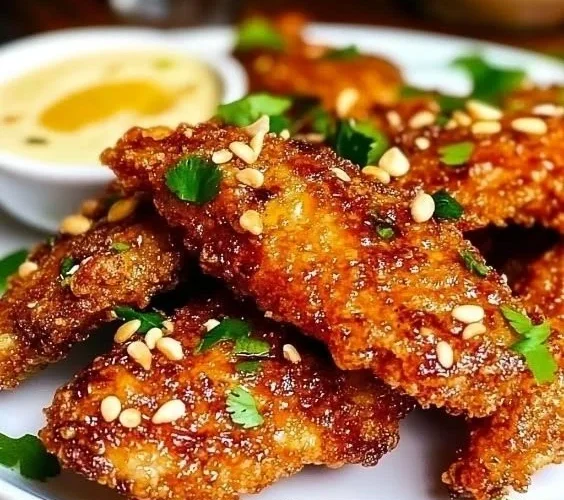 Delicious Thai Sticky Chicken Fingers with a rich glaze on a plate.