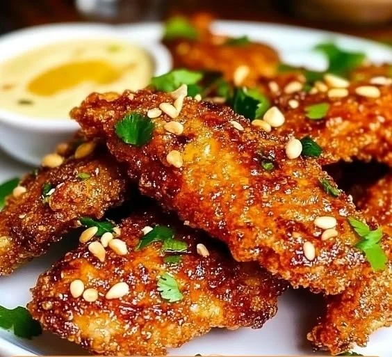 Delicious Thai Sticky Chicken Fingers with a rich glaze on a plate.