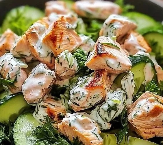 Delicious Tzatziki Chicken Salad with fresh vegetables and creamy dressing