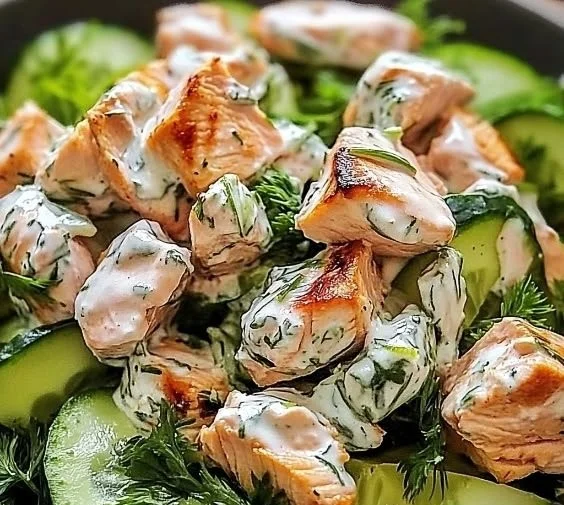 Delicious Tzatziki Chicken Salad with fresh vegetables and creamy dressing