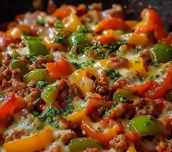 Delicious unstuffed pepper skillet with colorful vegetables and spices.