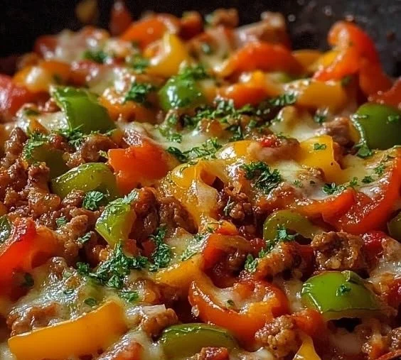 Delicious unstuffed pepper skillet with colorful vegetables and spices.