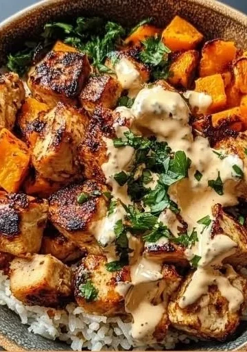 Wholesome Chicken and Sweet Potato Rice Bowl with fresh vegetables