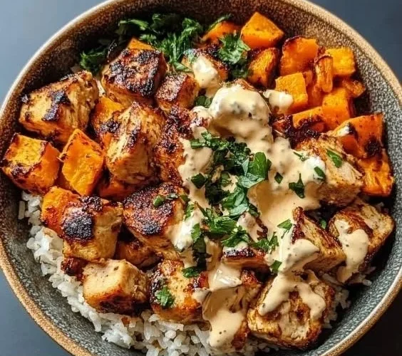 Wholesome Chicken and Sweet Potato Rice Bowl with fresh vegetables