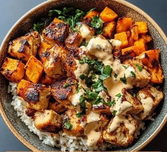 Wholesome Chicken and Sweet Potato Rice Bowl with fresh vegetables