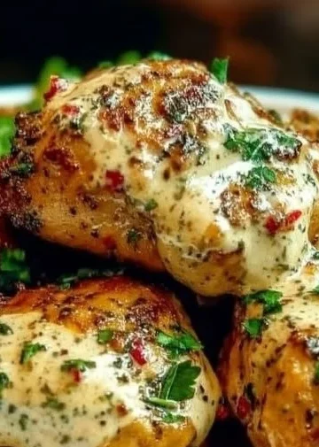 Za'atar Tahini Chicken Thighs served with fresh herbs and lemon