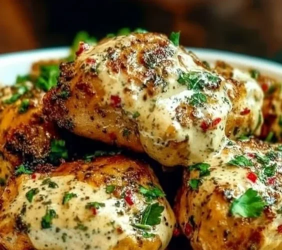 Za'atar Tahini Chicken Thighs served with fresh herbs and lemon