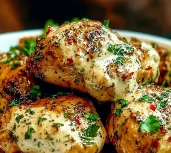 Za'atar Tahini Chicken Thighs served with fresh herbs and lemon