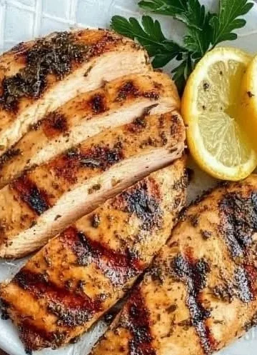 Juicy air fryer marinated chicken breasts ready to serve.