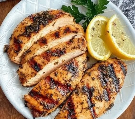 Juicy air fryer marinated chicken breasts ready to serve.