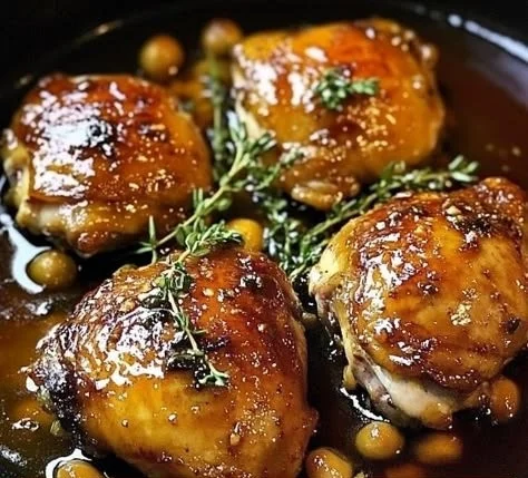Succulent baked chicken thighs served with herbs and spices