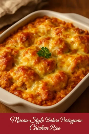 Baked Portuguese Chicken Rice served in a bowl with vibrant spices and vegetables