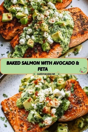 Baked salmon topped with avocado and feta cheese on a plate