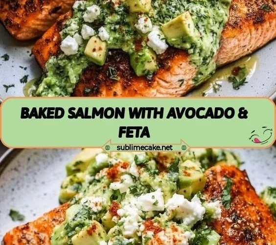 Baked salmon topped with avocado and feta cheese on a plate