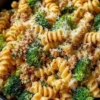 Broccoli Ground Turkey Alfredo Pasta topped with creamy sauce and fresh broccoli