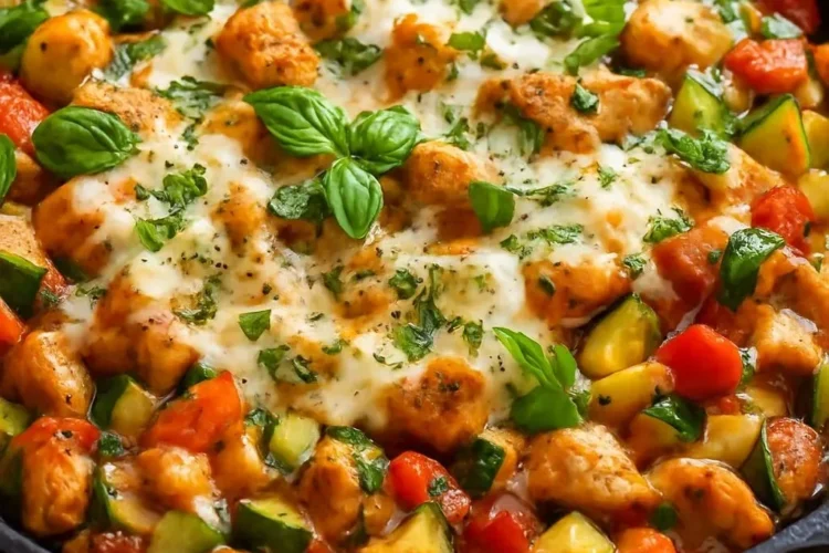 Skillet dish featuring Caprese chicken and zucchini, garnished with fresh basil.