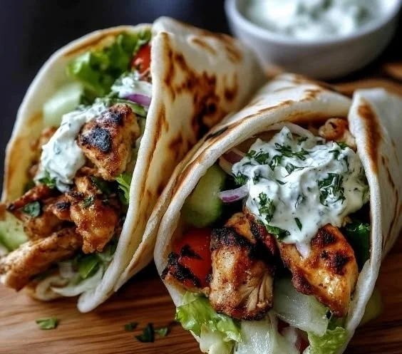Delicious Chicken Gyros served with fresh vegetables and creamy sauce.