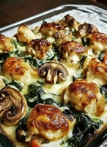 Low carb Chicken Spinach Mushroom oven dish fresh out of the oven