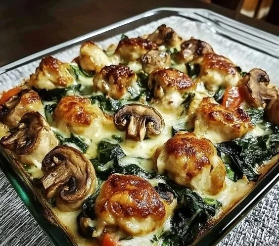 Low carb Chicken Spinach Mushroom oven dish fresh out of the oven