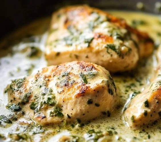 Creamy poblano chicken dish served with rice and fresh vegetables