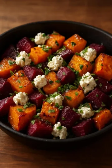Creamy roasted beet salad with fresh greens and a tangy dressing