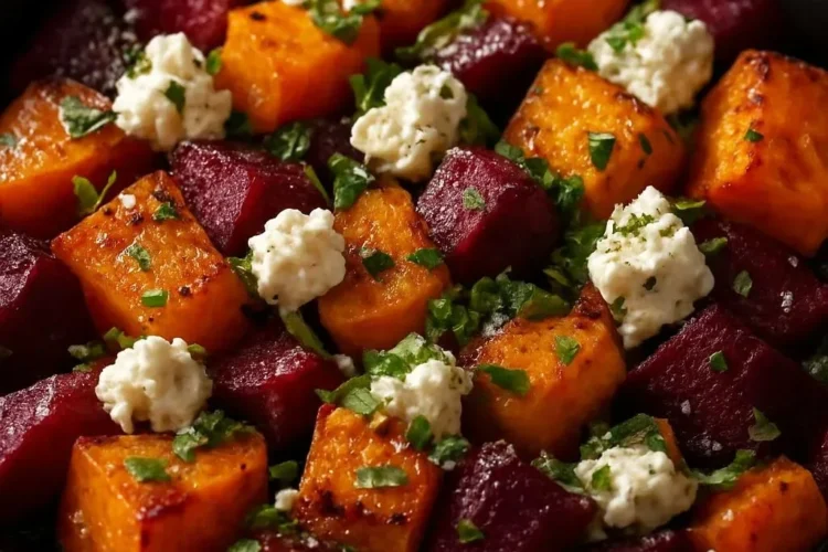 Creamy roasted beet salad with fresh greens and a tangy dressing