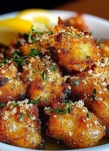 Crispy lemon chicken bites served on a plate with garnished herbs