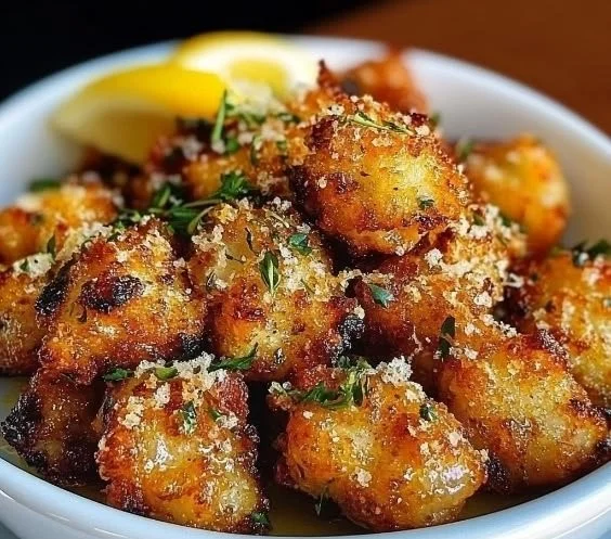 Crispy lemon chicken bites served on a plate with garnished herbs