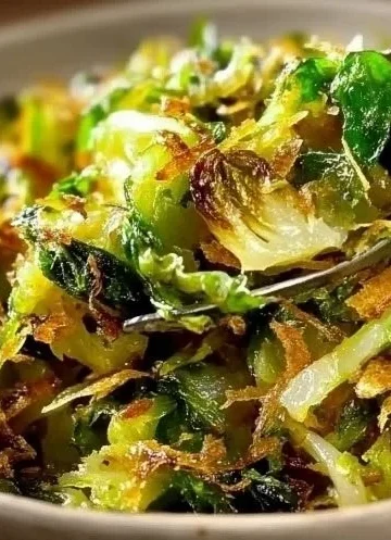 Plate of crispy sautéed shredded Brussels sprouts garnished with herbs