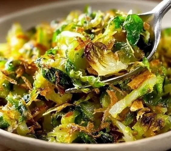 Plate of crispy sautéed shredded Brussels sprouts garnished with herbs