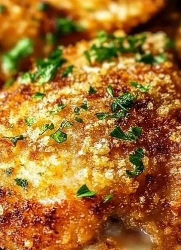 Crispy Parmesan chicken thighs served with herbs and vegetables