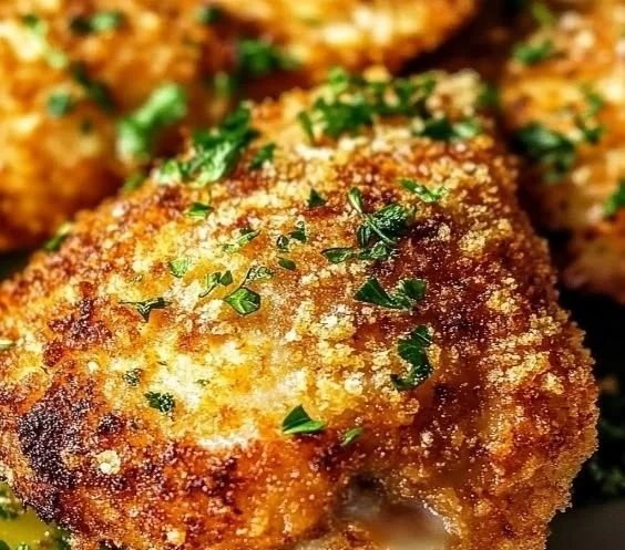 Crispy Parmesan chicken thighs served with herbs and vegetables