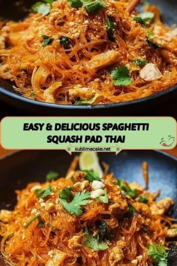 Bowl of easy and delicious spaghetti squash pad thai garnished with peanuts and lime