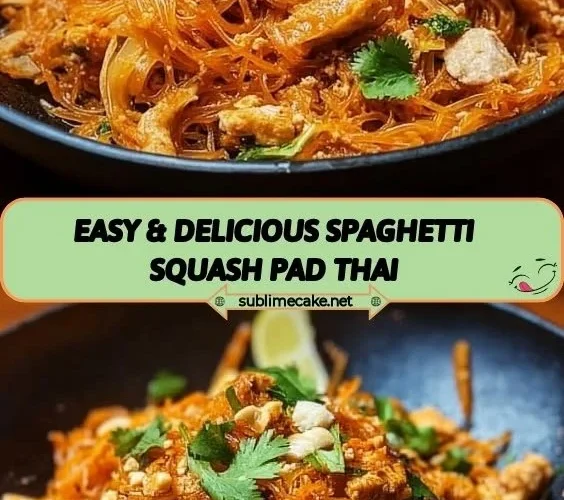 Bowl of easy and delicious spaghetti squash pad thai garnished with peanuts and lime