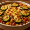 Easy Ground Turkey Zucchini Casserole dish ready to serve