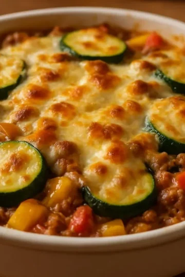 Easy Ground Turkey Zucchini Casserole dish ready to serve