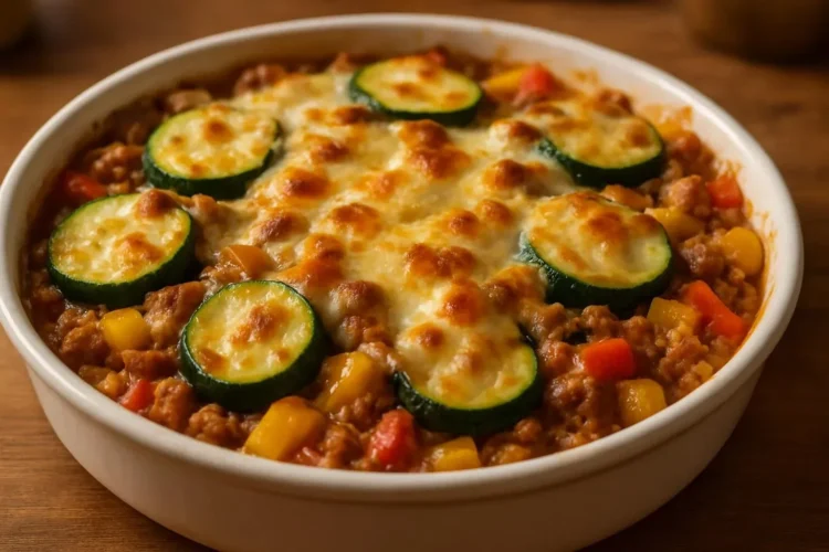 Easy Ground Turkey Zucchini Casserole dish ready to serve