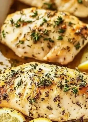 Juicy lemon herb baked chicken breast garnished with fresh herbs.
