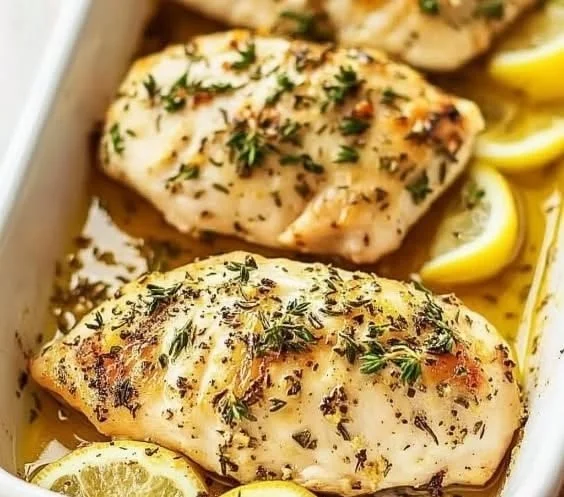 Juicy lemon herb baked chicken breast garnished with fresh herbs.
