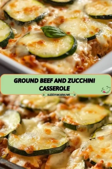 Ground beef and zucchini casserole topped with cheese, served in a casserole dish