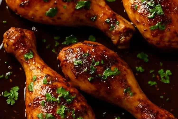 Honey Garlic Baked Chicken Drumsticks garnished and ready to serve