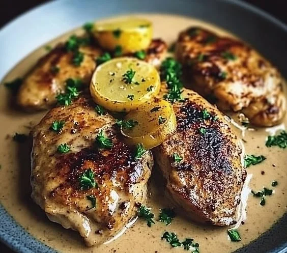 Irish chicken in creamy whiskey sauce garnished with herbs