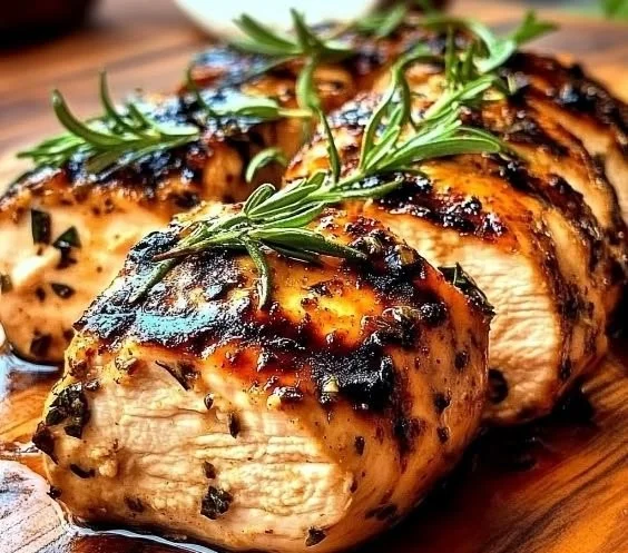 Delicious balsamic grilled chicken served on a plate with fresh vegetables