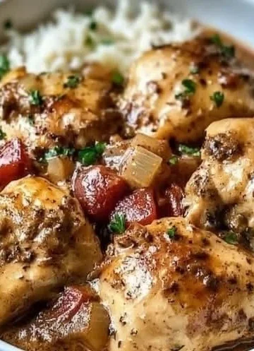Italian crockpot chicken thighs dish garnished with herbs in a slow cooker