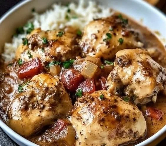 Italian crockpot chicken thighs dish garnished with herbs in a slow cooker