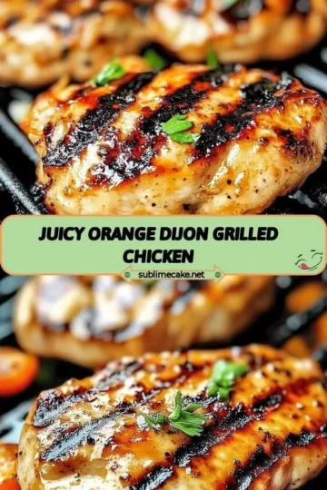 Juicy orange dijon grilled chicken on a plate with herbs and citrus slices