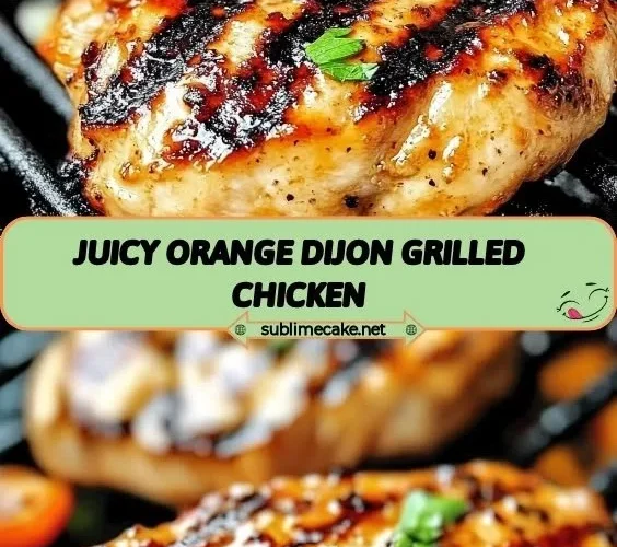 Juicy orange dijon grilled chicken on a plate with herbs and citrus slices