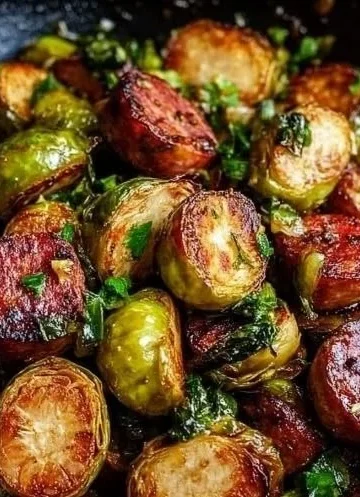 Kielbasa and Brussels sprouts stir-fry in a skillet, colorful and appetizing.