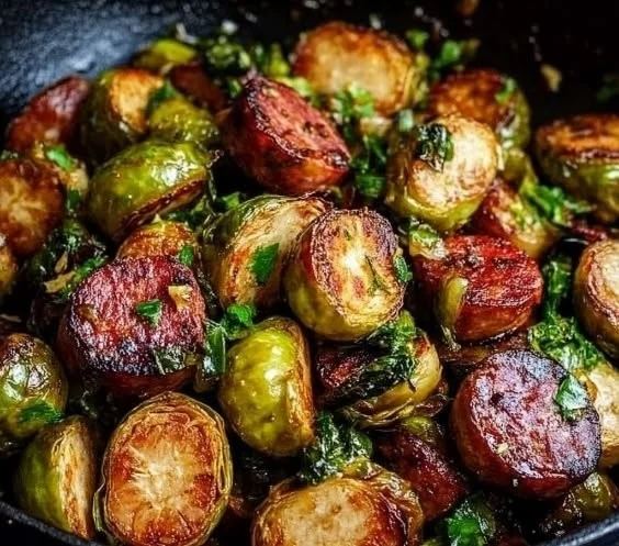 Kielbasa and Brussels sprouts stir-fry in a skillet, colorful and appetizing.